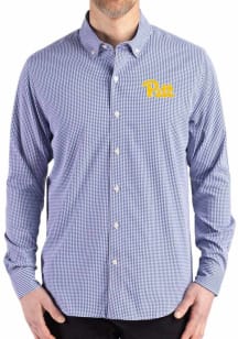 Cutter and Buck Pitt Panthers Mens Blue Gingham LS Woven Long Sleeve Dress Shirt