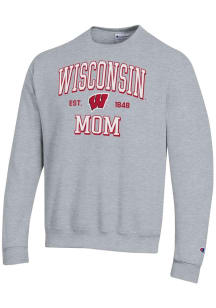 Champion Wisconsin Badgers Mens Grey EST Date Mom Powerblend Long Sleeve Crew Sweatshirt