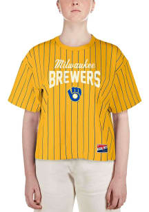 New Era Milwaukee Brewers Womens Yellow Striped Short Sleeve T-Shirt