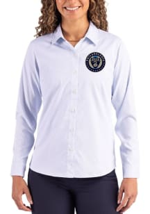 Cutter and Buck Philadelphia Union Womens Epic Confidence Pinstripe Long Sleeve Light Blue Dress S..