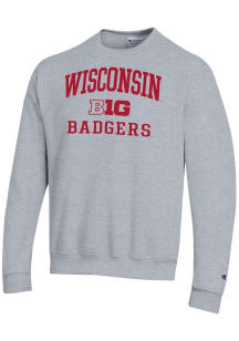 Champion Wisconsin Badgers Mens Grey Big Ten Powerblend Long Sleeve Crew Sweatshirt