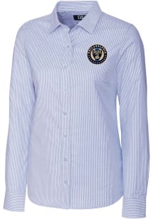 Cutter and Buck Philadelphia Union Womens Stretch Oxford Stripe Long Sleeve Light Blue Dress Shirt