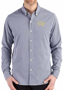 Cutter and Buck GA Tech Yellow Jackets Mens Navy Blue Gingham LS Woven Long Sleeve Dress Shirt