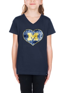 New Era Michigan Wolverines Girls Navy Blue Heart Flip Sequin Short Sleeve Fashion T-Shirt