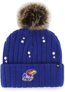 47 Kansas Jayhawks Blue Pearl Fur Cuff Pom Womens Knit Hat