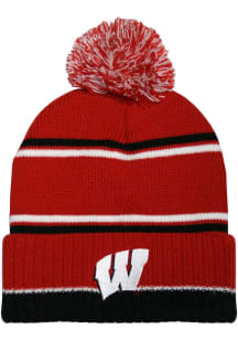 Wisconsin Badgers Red Chenille Script Pom Mens Knit Hat
