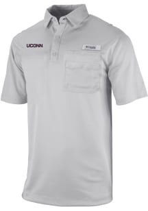 Columbia UConn Huskies Mens Grey Heat Seal Omni Wick Flycaster Short Sleeve Polo
