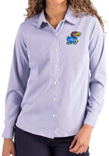 Cutter and Buck Kansas Jayhawks Womens Epic Confidence Pinstripe Long Sleeve Blue Dress Shirt