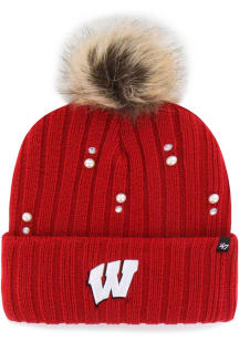 47 Wisconsin Badgers Red Pearl Fur Cuff Pom Womens Knit Hat