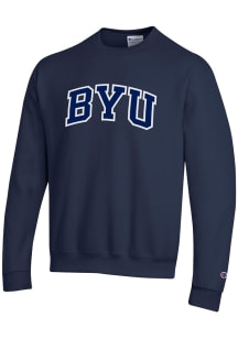 Champion BYU Cougars Mens Navy Blue Arched Name Long Sleeve Crew Sweatshirt