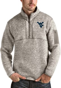 Antigua West Virginia Mountaineers Mens Oatmeal Fortune Long Sleeve Qtr Zip Pullover