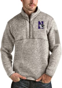 Antigua Northwestern Wildcats Mens Oatmeal Fortune Long Sleeve Qtr Zip Pullover