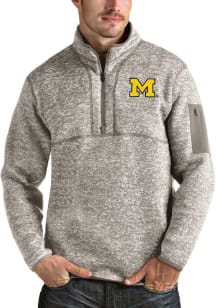 Antigua Michigan Wolverines Mens Oatmeal Fortune Long Sleeve Qtr Zip Pullover