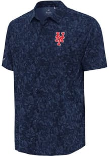 Antigua New York Mets Mens Navy Blue Lush Short Sleeve Dress Shirt