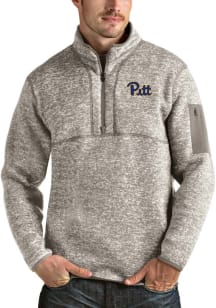 Antigua Pitt Panthers Mens Oatmeal Fortune Blue Logo Long Sleeve Qtr Zip Pullover