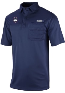Columbia UConn Huskies Mens Navy Blue Heat Seal Omni Wick Flycaster Short Sleeve Polo
