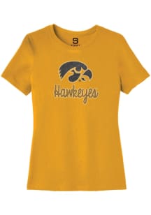 Summit Sportswear Iowa Hawkeyes Womens Yellow Rhinestone Short Sleeve T-Shirt