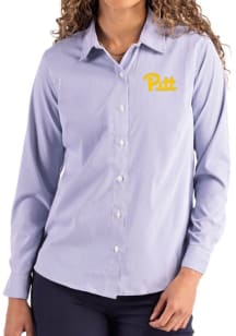 Cutter and Buck Pitt Panthers Womens Epic Confidence Pinstripe Long Sleeve Blue Dress Shirt