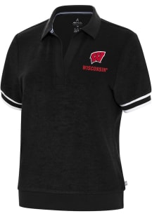Antigua Wisconsin Badgers Womens Navy Blue Favorite Short Sleeve Polo Shirt