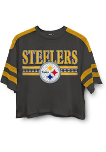 Junk Food Clothing Pittsburgh Steelers Womens Black Bling Striped Short Sleeve T-Shirt