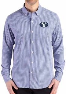 Cutter and Buck BYU Cougars Mens Navy Blue Gingham LS Woven Long Sleeve Dress Shirt