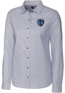 Cutter and Buck Sporting Kansas City Womens Stretch Oxford Stripe Long Sleeve Charcoal Dress Shirt