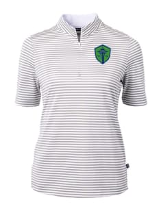 Cutter and Buck Seattle Sounders FC Womens Grey Virtue Eco Pique Stripe Short Sleeve Polo Shirt