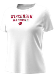 Under Armour Wisconsin Badgers Womens White Stacked over logo Tech Stretch Short Sleeve T-Shirt