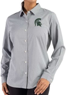 Cutter and Buck Michigan State Spartans Womens Epic Confidence Gingham Long Sleeve Green Dress Shi..