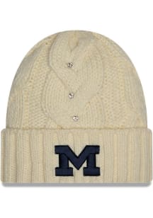 New Era Michigan Wolverines White DL Rhinestone Cable Cuff Womens Knit Hat
