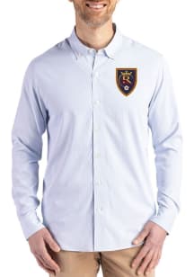 Cutter and Buck Real Salt Lake Mens Light Blue Confidence Pinstripe Long Sleeve Dress Shirt
