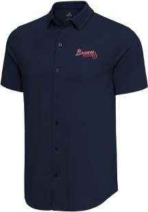 Antigua Atlanta Braves Mens Navy Blue Nobel Short Sleeve Dress Shirt