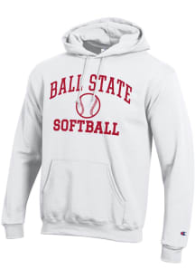 Champion Ball State Cardinals Mens White Softball Icon Powerblend Long Sleeve Hoodie