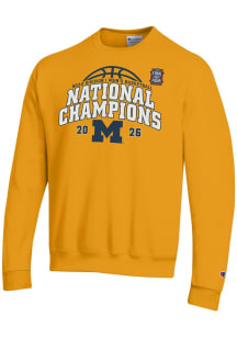 Champion Michigan Wolverines Mens Yellow MBB National Champs 2026 Powerblend Long Sleeve Crew Swea..