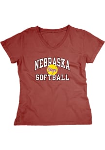 Blue 84 Nebraska Cornhuskers Womens Red Brushback Softball Short Sleeve T-Shirt