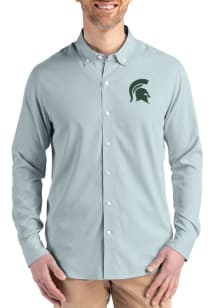 Cutter and Buck Michigan State Spartans Mens Green Confidence Pinstripe Long Sleeve Dress Shirt