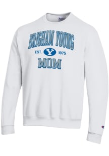 Champion BYU Cougars Mens White EST Date Mom Powerblend Long Sleeve Crew Sweatshirt