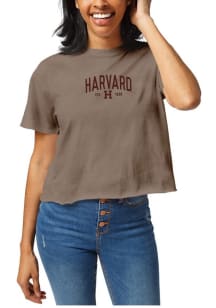 Harvard Crimson Womens Brown Clothesline Crop Short Sleeve T-Shirt