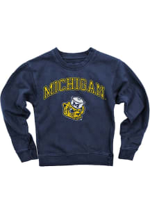 Wes and Willy Michigan Wolverines Youth Blue Pigment Dyed Vintage Arch Mascot Long Sleeve Crew Swe..