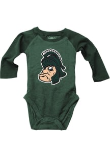 Wes and Willy Michigan State Spartans Baby Green Raglan Mascot Long Sleeve One Piece