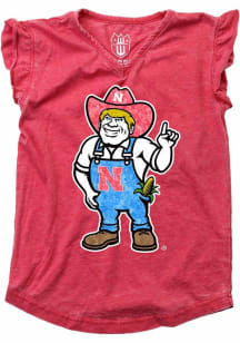 Wes and Willy Nebraska Cornhuskers Toddler Girls Red Burn Out Ruffle Glitter Mascot Short Sleeve T..