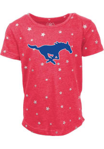 Wes and Willy SMU Mustangs Girls Red Shimmer Star Primary Logo Short Sleeve Fashion T-Shirt