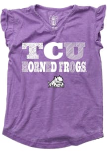 Wes and Willy TCU Horned Frogs Toddler Girls Purple Ruffle Multi Font Short Sleeve Fashion T-Shirt