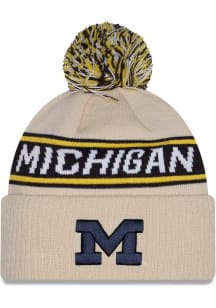 New Era Michigan Wolverines Natural DL Team Slogan Pom Cuff Mens Knit Hat