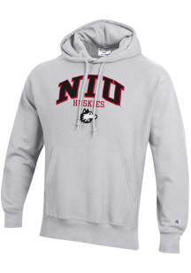 Champion Northern Illinois Huskies Mens Ash Arch Mascot Logo Reverse Weave Long Sleeve Hoodie
