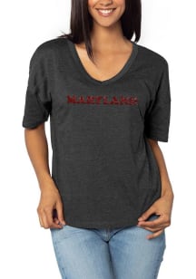 Maryland Terrapins Womens Black Rhinestone Happy Jersey Short Sleeve T-Shirt