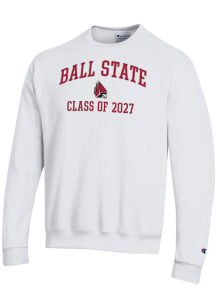 Champion Ball State Cardinals Mens White Primary Class of 2027 Powerblend Long Sleeve Crew Sweatsh..