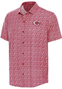 Antigua Cincinnati Reds Mens Red Lianthus Short Sleeve Dress Shirt