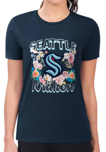4Her Seattle Kraken Womens Navy Blue Flowers Fitted Short Sleeve T-Shirt