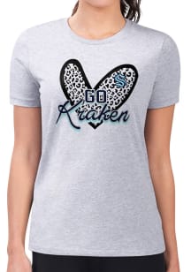 4Her Seattle Kraken Womens Grey Leopard Heart Fitted Design Short Sleeve T-Shirt